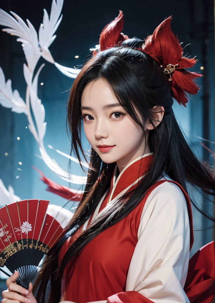 Diffuse lighting、 Highest quality, High resolution, unity 8k wallpaper、Supersaturation, Colorful, 8k解像度, 1 female、Japanese、23 years old、Close-up portrait、Kyoto cityscape、Wearing a red dress，With an invincible smile、Woman with a Fan, onmyoji, onmyoji detailed art, onmyoji portrait,  4K, 8k,  Vibrant, Splash Art , Onmyoji、Spirit medium、
