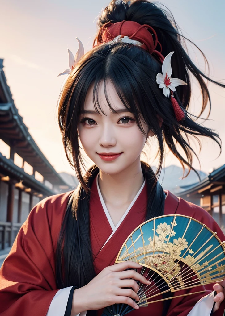 Diffuse lighting、 Highest quality, High resolution, unity 8k wallpaper、Supersaturation, Colorful, 8k解像度, 1 female、Japanese、23 years old、Close-up portrait、Kyoto cityscape、Wearing a red dress，With an invincible smile、Woman with a Fan, onmyoji, onmyoji detailed art, onmyoji portrait,  4K, 8k,  Vibrant, Splash Art , Onmyoji、Spirit medium、
