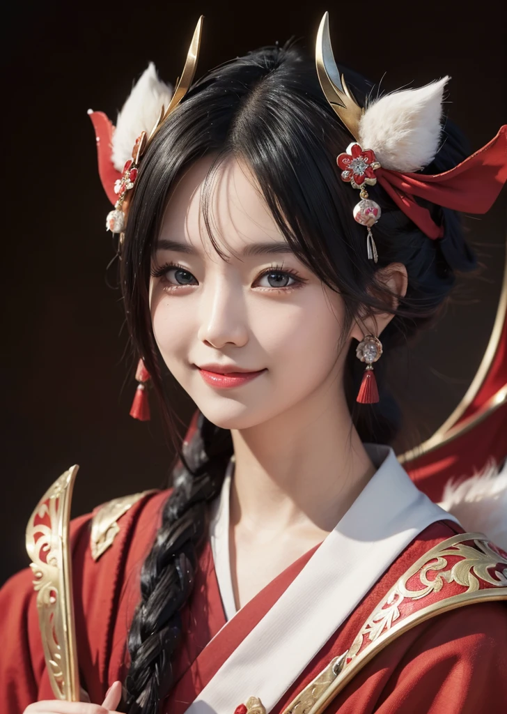Diffuse lighting、 Highest quality, High resolution, unity 8k wallpaper、Supersaturation, Colorful, 8k解像度, 1 female、Japanese、23 years old、Close-up portrait、Kyoto cityscape、Wearing a red dress，With an invincible smile、Woman with a Fan, onmyoji, onmyoji detailed art, onmyoji portrait,  4K, 8k,  Vibrant, Splash Art , Onmyoji、Spirit medium、
