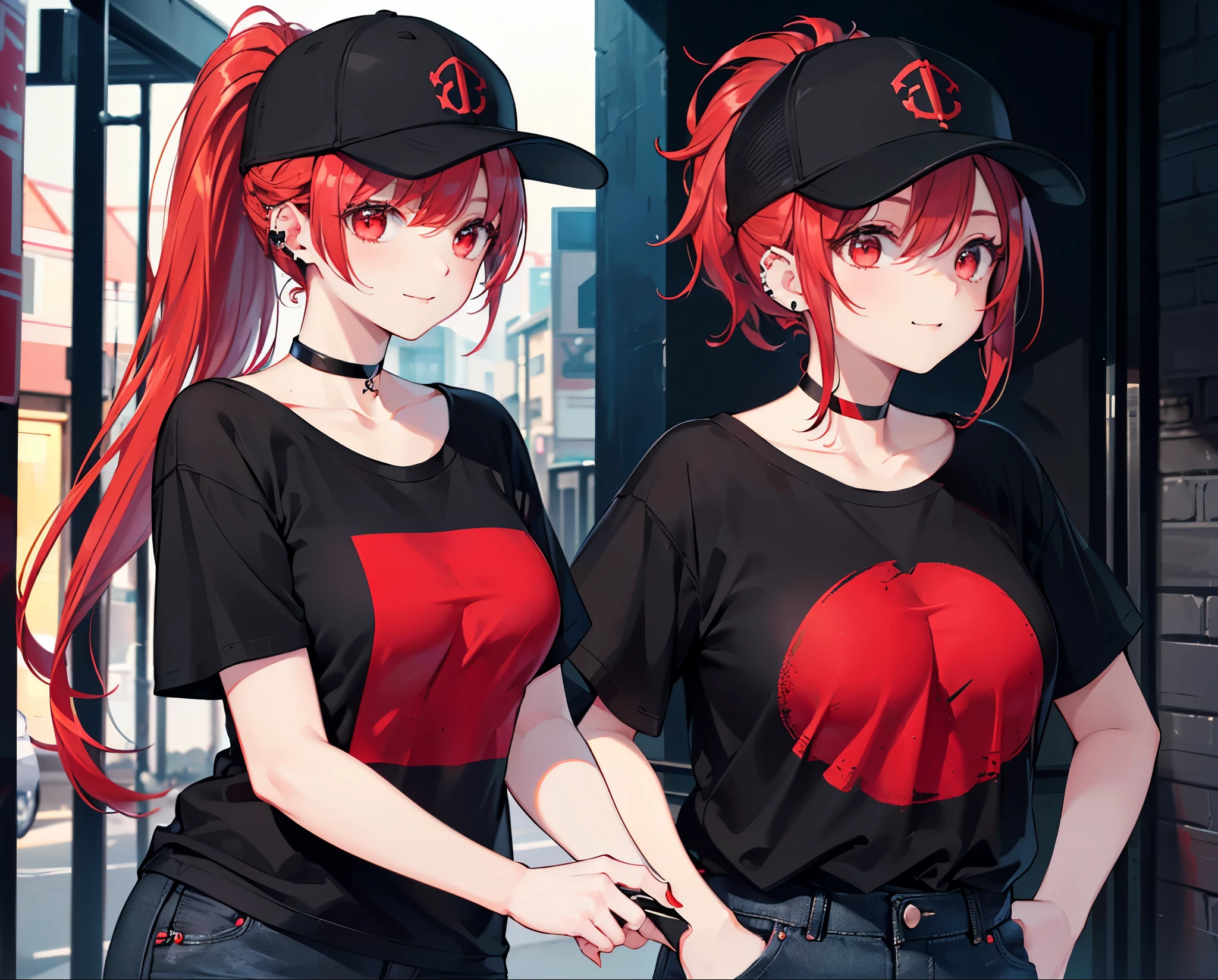 (Close-up:1.3),Realistic,Highest quality, Ultra Detail, High-quality CG rendering, The most delicate and beautiful, Floating softly, High resolution, (1 girl), (Highest quality,4K,8k,masterpiece:1.2),(All red hair:1.5), (ponytail:1.5),(Red eyes:1.5),(Slightly larger breasts:1.2), (Oversized black short sleeve t-shirt:1.3),(Black skinny jeans:1.3),(Black baseball cap:1.3),In the city,old buildings,Narrow back alley,(Are standing:1.3),smile,(Piercing in left ear:1.3),(Pitch black choker:1.5),Knee