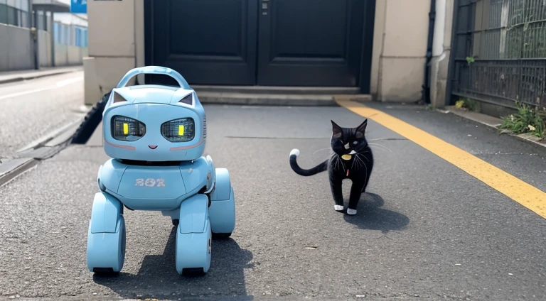 high resolution,8k,Accurate depiction,A neat picture,accurate structure,2024,Tokyo,Cat robot,human sized,light blue