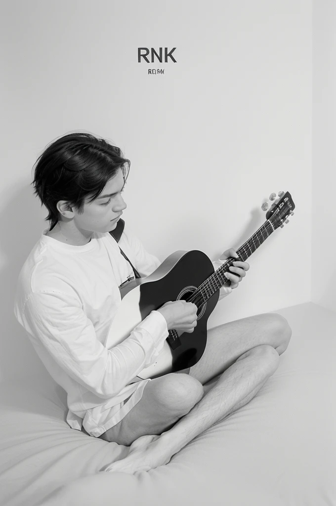 A minimal, modern, simple, cinematic logotype for the brand “RK". The logotype must be a simple, magical feather and a boy playing acoustic guitar. The logo must convey a sense of music, stories and dreams. Logo design impressed on a book cover. Minimalistic logo