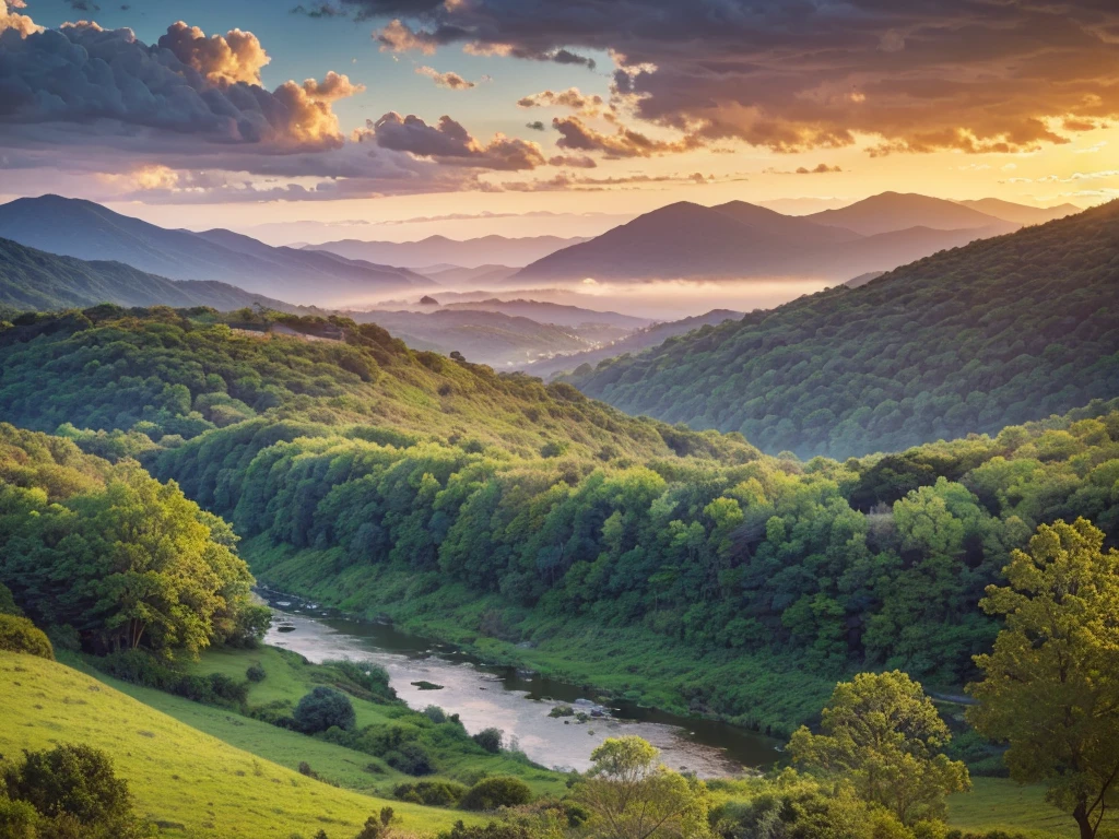 a beautiful scenic landscape, rolling hills, lush forests, winding river, golden sunset, dramatic clouds, serene atmosphere, detailed foliage, peaceful countryside, adventurous exploration, breathtaking vistas, dynamic composition, masterpiece, (best quality, 8k, highres, detailed, photorealistic, vibrant colors, cinematic lighting)
