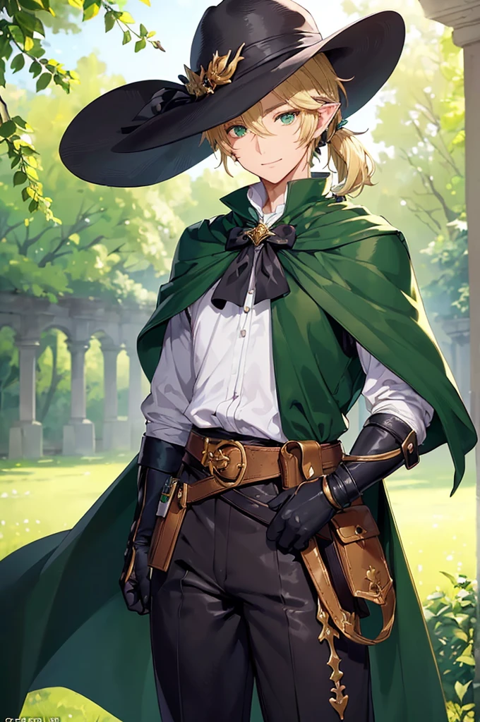 (((masterpiece; best quality: 1.2))), (finely detailed eyes: 1.3), (25 year old elf man), (solo), (green eyes: 1.4), (body; toned, fit, masculine: 1.3), (silky blonde hair in low ponytail: 1.3), (beautiful and clear background: 1.2), ((depth of field)), (equipment: adventurer garb + modest + elegant wide-brim hat + tunic + dark long cape + black pants + gloves + belt + pouches: 1.3), (anime illustration: 1.2), (background composition; royal garden: 1.1), (extremely fine and handsome: 1.1), (shot composition; standing + centered on torso + close-up: 1.5), (expression; calm, smile: 1.2)