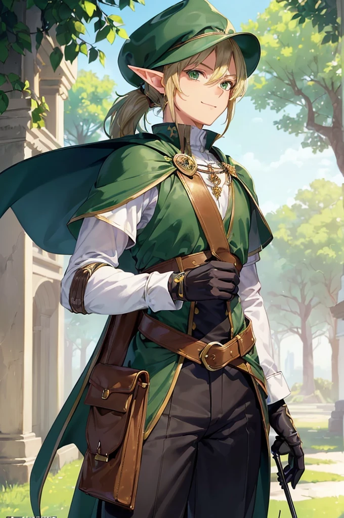 (((masterpiece; best quality: 1.2))), (finely detailed eyes: 1.3), (25 year old elf man), (solo), (green eyes: 1.4), (body; toned, fit, masculine: 1.3), (silky blonde hair in low ponytail: 1.3), (beautiful and clear background: 1.2), ((depth of field)), (equipment: adventurer garb + modest + elegant wide-brim hat + tunic + dark long cape + black pants + gloves + belt + pouches: 1.3), (anime illustration: 1.2), (background composition; royal garden: 1.1), (extremely fine and handsome: 1.1), (shot composition; standing + centered on torso + close-up: 1.5), (expression; calm, smile: 1.2)