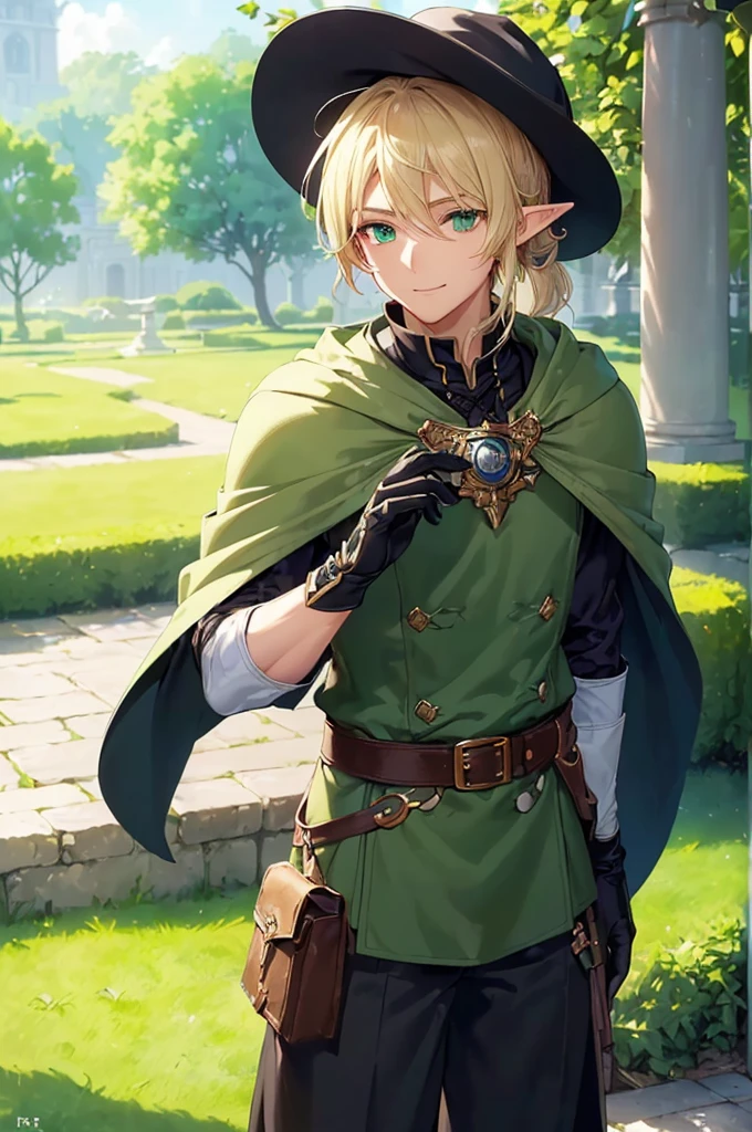 (((masterpiece; best quality: 1.2))), (finely detailed eyes: 1.3), (25 year old elf man), (solo), (green eyes: 1.4), (body; toned, fit, masculine: 1.3), (silky blonde hair in low ponytail: 1.3), (beautiful and clear background: 1.2), ((depth of field)), (equipment: adventurer garb + modest + elegant wide-brim hat + tunic + dark long cape + black pants + gloves + belt + pouches: 1.3), (anime illustration: 1.2), (background composition; royal garden: 1.1), (extremely fine and handsome: 1.1), (shot composition; standing + centered on torso + close-up: 1.5), (expression; calm, smile: 1.2)