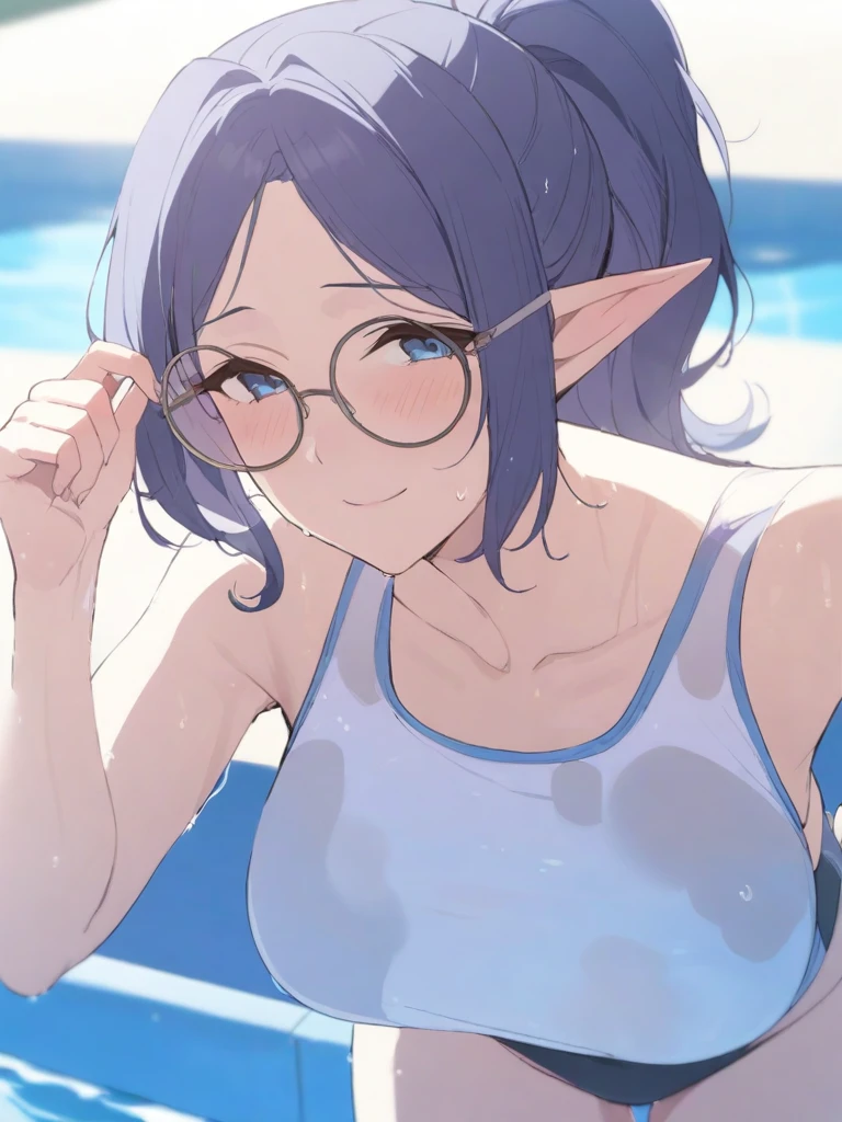 masterpiece, best quality, high quality, beautiful anime character, solo, anime girl with dark blue hair, messy hair, medium length hair, (huge long ponytail, ponytail), blue eyes, elf ears, slightly big breasts, (mature female, tall female), big girl, thick, (calming face, blush, light smile, loving eyes), outdoors, (swimsuit, pool swimsuit), slim thick, short medium hair, round glasses, wet, after swim, fixing glasses,