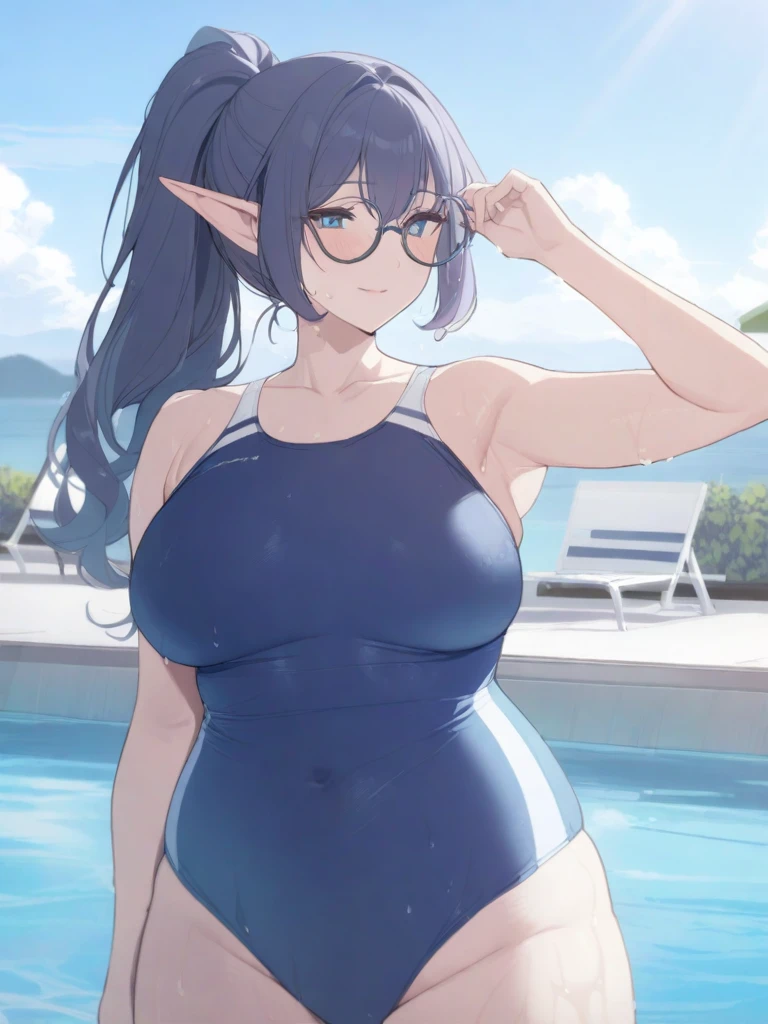 masterpiece, best quality, high quality, beautiful anime character, solo, anime girl with dark blue hair, messy hair, medium length hair, (huge long ponytail, ponytail), blue eyes, elf ears, slightly big breasts, (mature female, tall female), big girl, thick, (calming face, blush, light smile, loving eyes), outdoors, (swimsuit, pool swimsuit), slim thick, short medium hair, round glasses, wet, after swim, fixing glasses, 