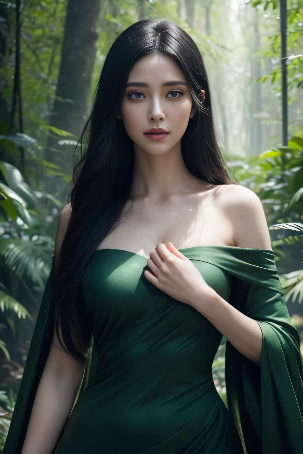 A beautiful woman with stunning green eyes, elegant facial features, and lush black hair, wearing a long, flowing dress in a mysterious, ethereal forest setting, with a hidden society of shapeshifting humans in the background, highly detailed, cinematic lighting, muted color palette, digital art, photorealistic