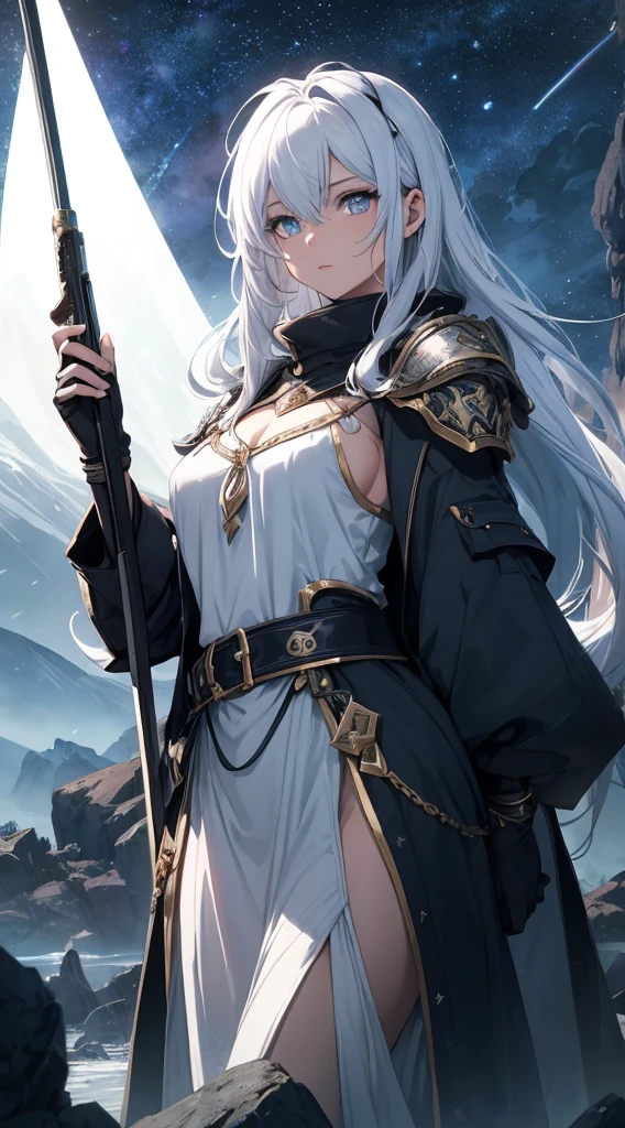 (best quality, finely detailed beautiful eyes, highres, beautiful detailed face), 
BREAK 
The image depicts a female character standing on a rock. She has long white hair and wears an outfit that includes a piece of cloth, with prominent armor on her right shoulder and arm. In her right hand, she holds a shining blue sword, which she points to the ground. This character appears to be a warrior or an important figure in a fantasy setting. 
BREAK 
The background is dramatic and otherworldly, featuring an expansive night sky with swirling clouds and nebulae. A huge celestial body, resembling a moon or planet, emits a soft blue light that illuminates the entire scene. Below the character, the mountainous terrain is dotted with many lights from nighttime cities and civilizations. 
BREAK 
The overall composition conveys themes of adventure, solitude, and contemplation, with a mystical atmosphere created by the contrast between the dark landscape and the glowing sky.