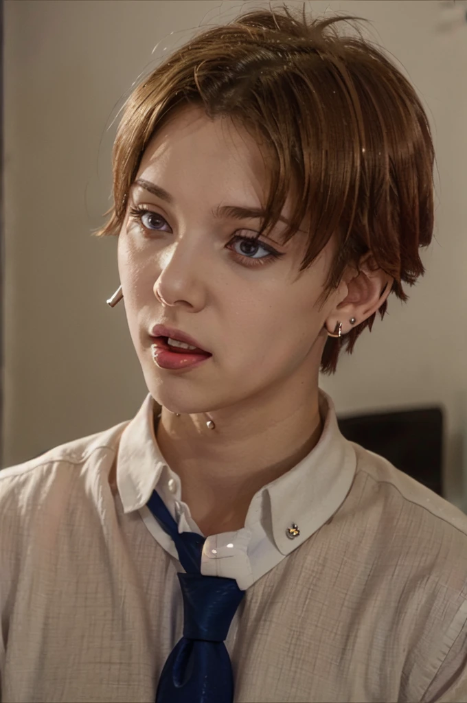 Masterpiece, best quality, 1boy, upper body, necktie, ((black ear piercing)), closed mouth, simple backround, blonde hair, short hair, brown eyes, tongue out, from above, looking at viewer, face