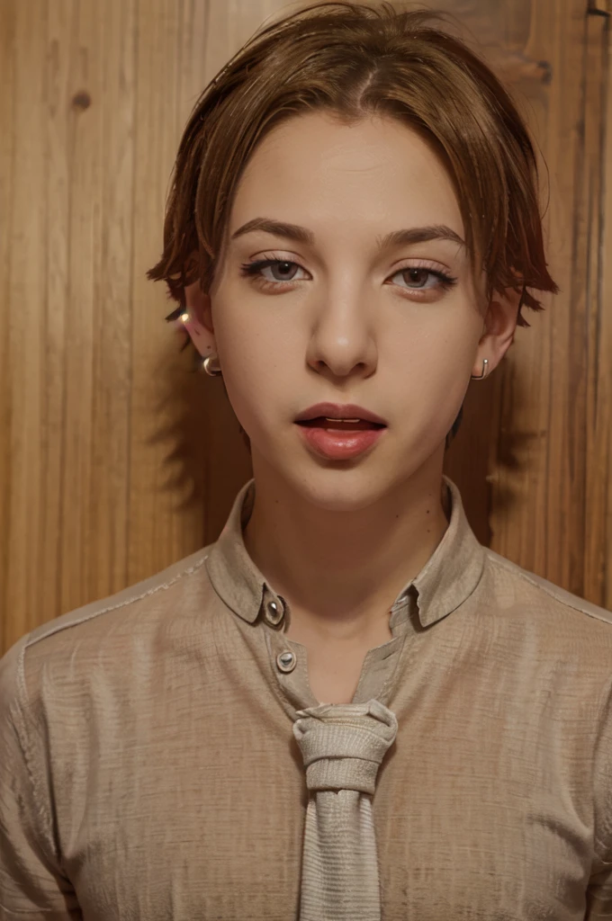 Masterpiece, best quality, 1boy, upper body, necktie, ((black ear piercing)), closed mouth, simple backround, blonde hair, short hair, brown eyes, tongue out, from above, looking at viewer, face