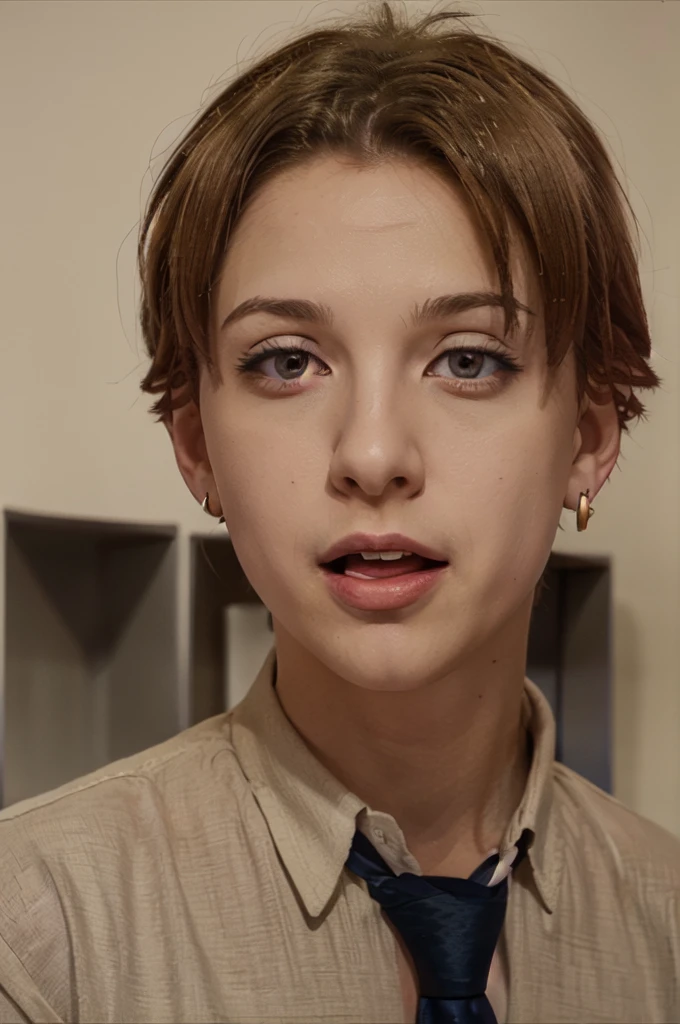 Masterpiece, best quality, 1boy, upper body, necktie, ((black ear piercing)), closed mouth, simple backround, blonde hair, short hair, brown eyes, tongue out, from above, looking at viewer, face