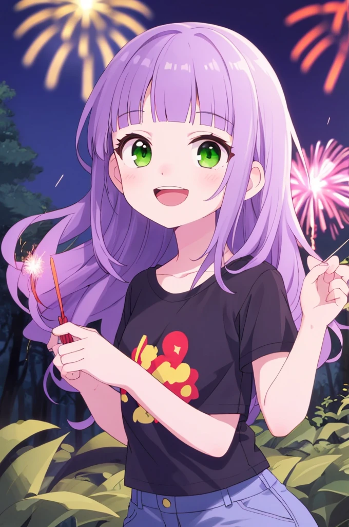 (masterpiece), best quality, expressive eyes, perfect face, solo, , 
long hair, wavy hair, blunt bangs, purple hair, green eyes, flat chest, black t-shirt, smile, open mouth, short sleeves, 
forest, night, fireworks,