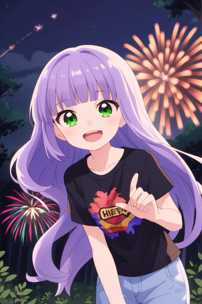 (masterpiece), best quality, expressive eyes, perfect face, solo, , 
long hair, wavy hair, blunt bangs, purple hair, green eyes, flat chest, black t-shirt, smile, open mouth, short sleeves, 
forest, night, fireworks,