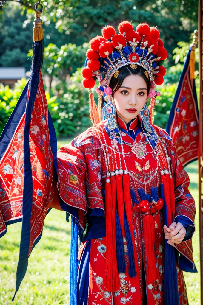 masterpiece:(((CNOperaflag))), 8K,portrait photography,sportsman,shocking,movie quality,。C&Fera Crown, from the front, looking at viewer, dark color makeup, Detailed description of the face。Exquisite headdress, fancy costumes, nipple tassel。chinese red,cloisonne,correct structure of the human body,full hand, beautiful woman,