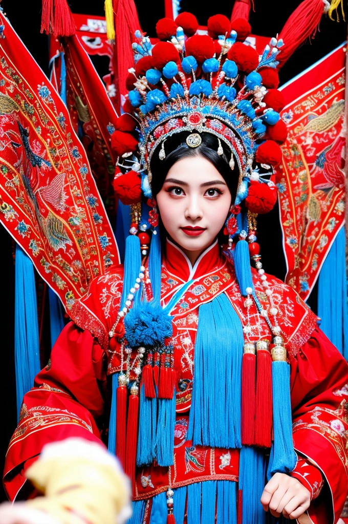 masterpiece:(((CNOperaflag))), 8K,portrait photography,sportsman,shocking,movie quality,。C&Fera Crown, from the front, looking at viewer, dark color makeup, Detailed description of the face。Exquisite headdress, fancy costumes, nipple tassel。chinese red,cloisonne,correct structure of the human body,full hand, beautiful woman,