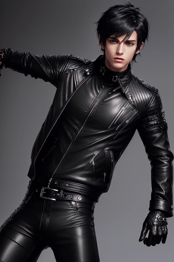 Final fantasy taste and reality graphics, ((Japanese young cute and cool ikemen boy)), his age is early 20s, thin eyebrows and beady eyes, ((he wearing black color leather thick and heavy material jacket)), ((jacket is singlebrest)), ((biker style jacket)), ((jacket is large size)),((with epaulet)), ((jacket is long sleeve)), ((zipped front of the leather jacket)), , ((voluminous leather jacket)), ,((must jacket is high length and stand-up collar)) ((jacket collar with two belts)), ((jacket is a little black color line pattern)), ((also wearing black thick material turtleneck lackluster shirts)), ((tight black leather pants)), ((put black leather tight and thin glove on both hands)), ((black leather knee-high raceup boots)),((must views head-to-toe)),((must views whole body)), ,((Do not show skin from the neck down)),leather jacket leather glove and leather pants have few wrinkles, Avoid showing your innerwear,zip up jacket fastner.must put on a leather glove.
Bous face is expression of ecstasy.
Boy is black hair.boy looks like fashion model.
