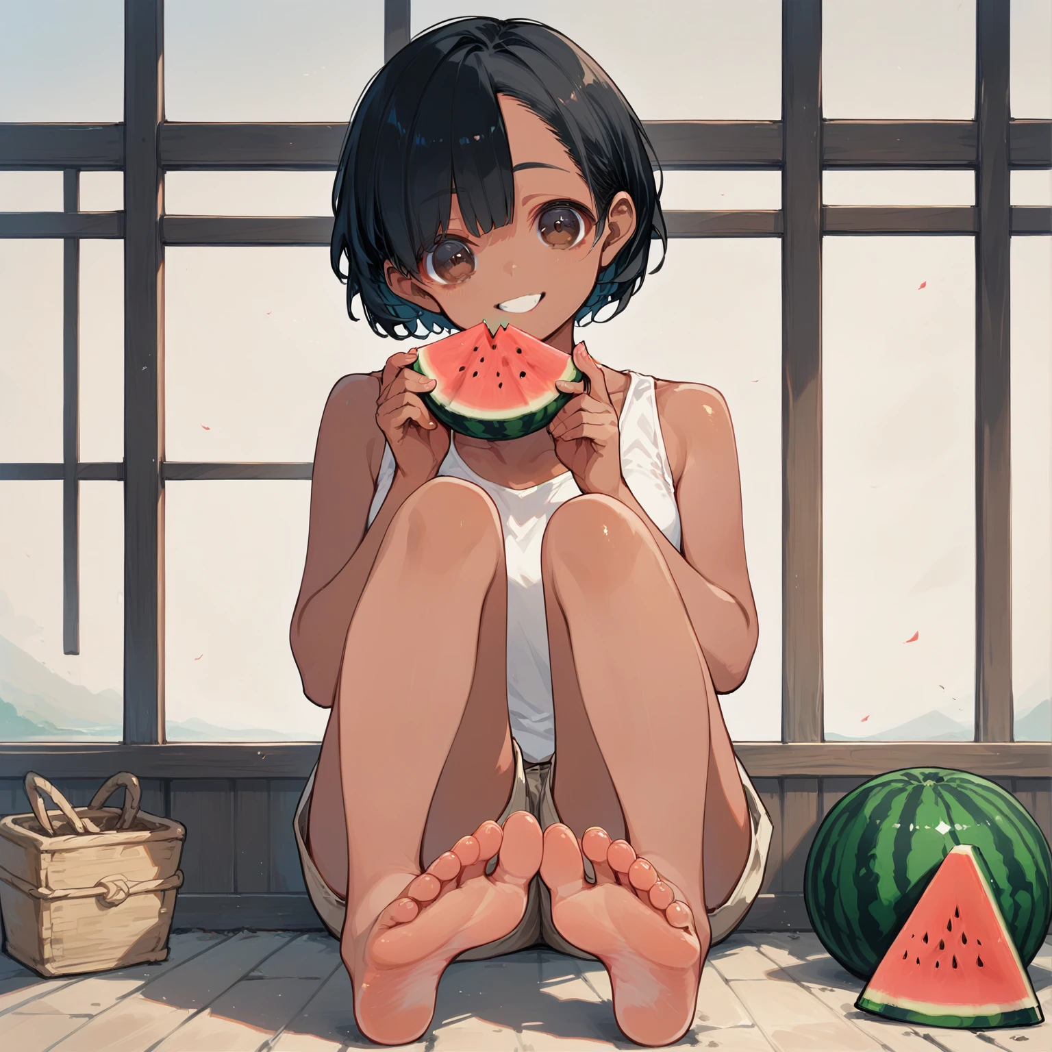 score_9, score_8_up, score_7_up, source_アニメ, high res image, masterpiece, best quality, 1 girl, Brown skin, shiny hair, ultra detailed eyes, eye highlights, short hair, black hair, brown eyes, white tank top, short shorts, smile,foot focus、 (eating watermelon:1.1), holding watermelon with both hands, verandah, japanese home, sitting, CETUS,ocean in the distance、evening