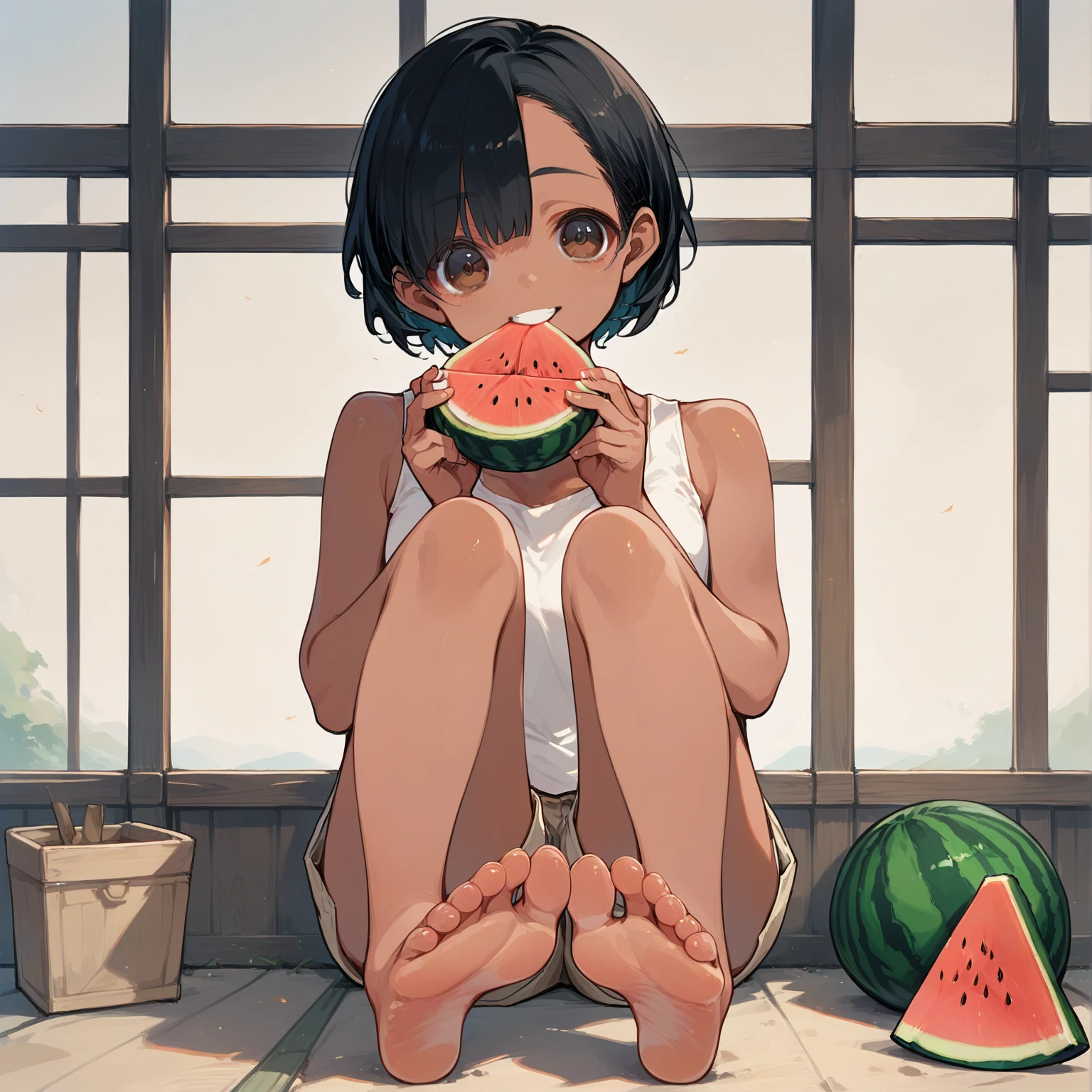 score_9, score_8_up, score_7_up, source_アニメ, high res image, masterpiece, best quality, 1 girl, Brown skin, shiny hair, ultra detailed eyes, eye highlights, short hair, black hair, brown eyes, white tank top, short shorts, smile,foot focus、 (eating watermelon:1.1), holding watermelon with both hands, verandah, japanese home, sitting, CETUS,ocean in the distance、evening