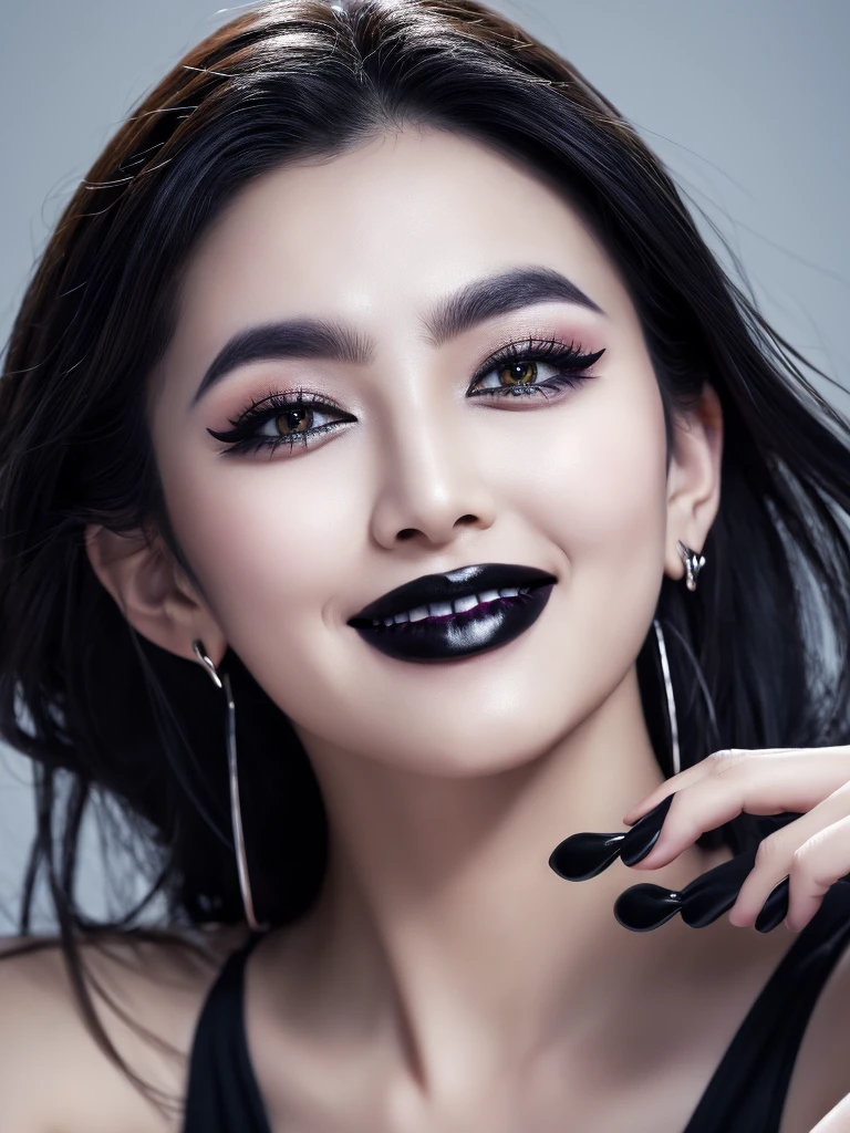 Best quality, masterpiece, ultra high res, photorealistic, raw photo, unity 8k wallpaper,(black lips:1.3),(black eyeshadow:1.3),parted lips,,(evil smile:1.1)