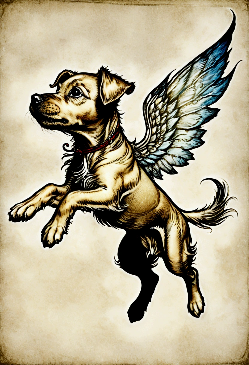 Flying Puppy, full body, by Arthur Rackham, cinematic still, (best quality, masterpiece), very aesthetic, perfect composition, intricate details, ultra-detailed, vivid colors