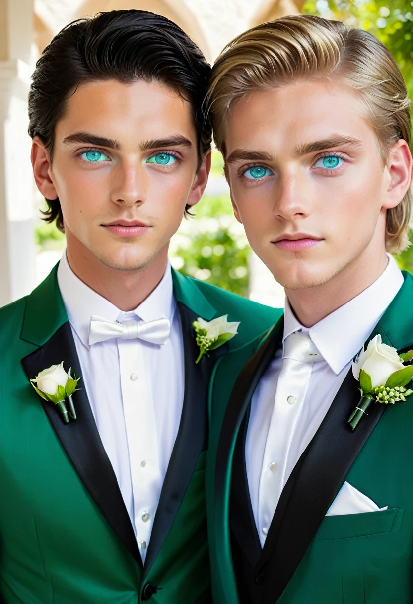 Two men, one blond blue eyes and the other dark hair green eyes, both 21 years old, getting married

