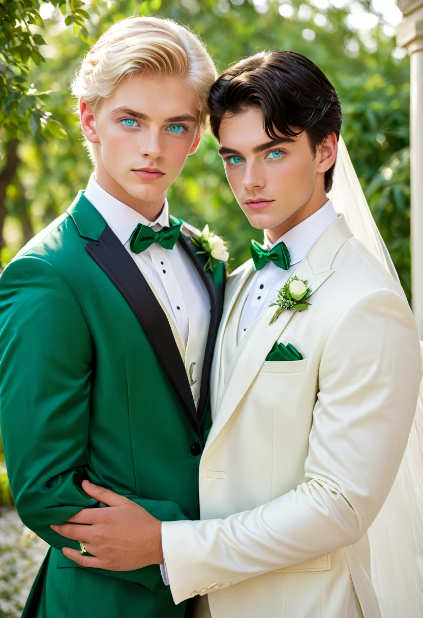 Two men, one blond blue eyes and the other dark hair green eyes, both 21 years old, getting married
