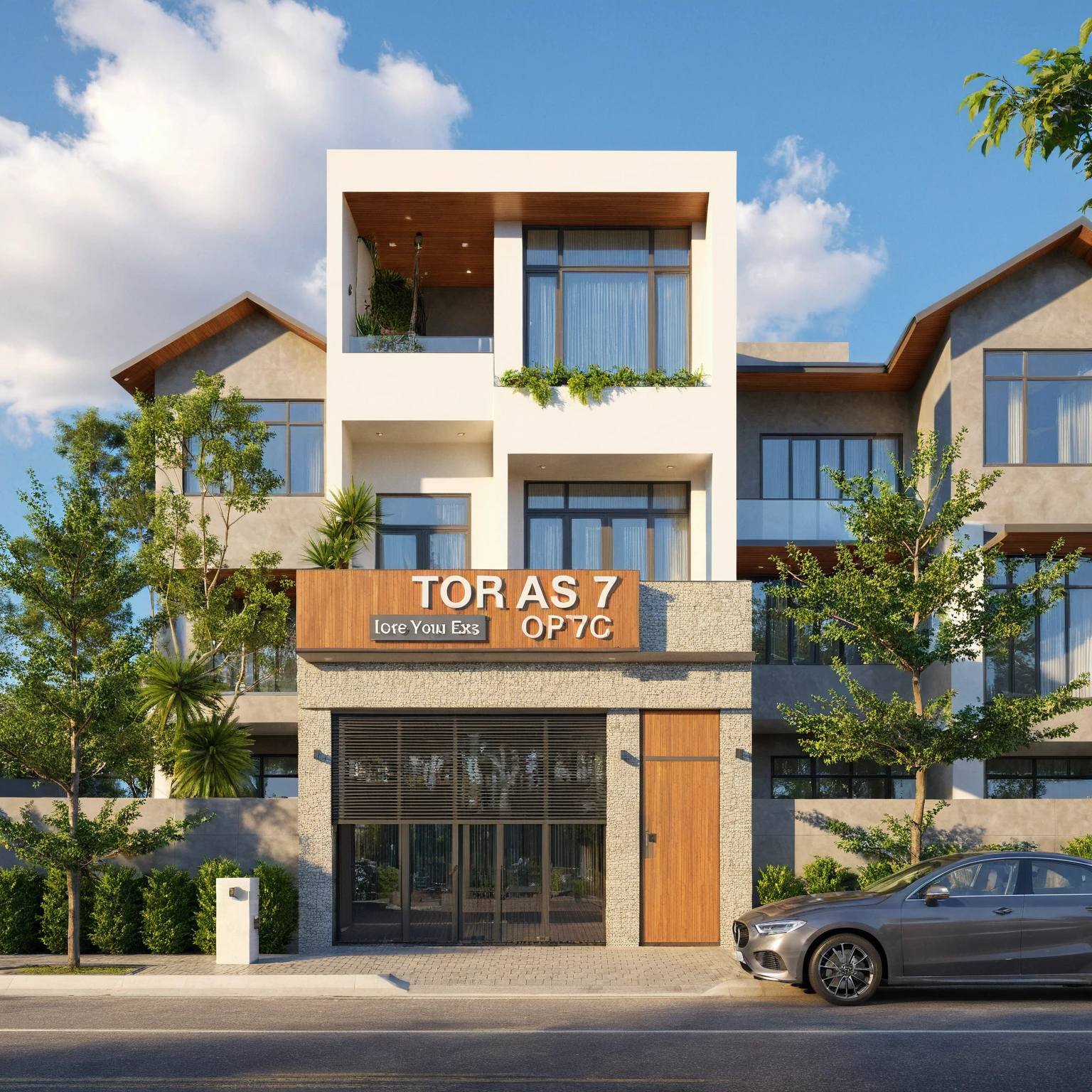 Raw photo,Masterpiece, high quality, best quality, authentic, super detail,
exterior, outdoors, house style modern on the street, glass windows, gate, wooden ceiling,
road,pavement, trees, sky, cloud, (daylight:1.1), (((arch door)))