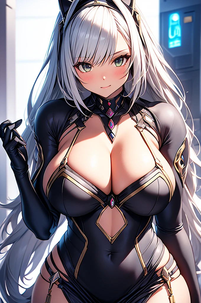 Nia blade form from Xenoblade, silver hair, very long hair, huge breasts, anime style, cleavage, sexy dress