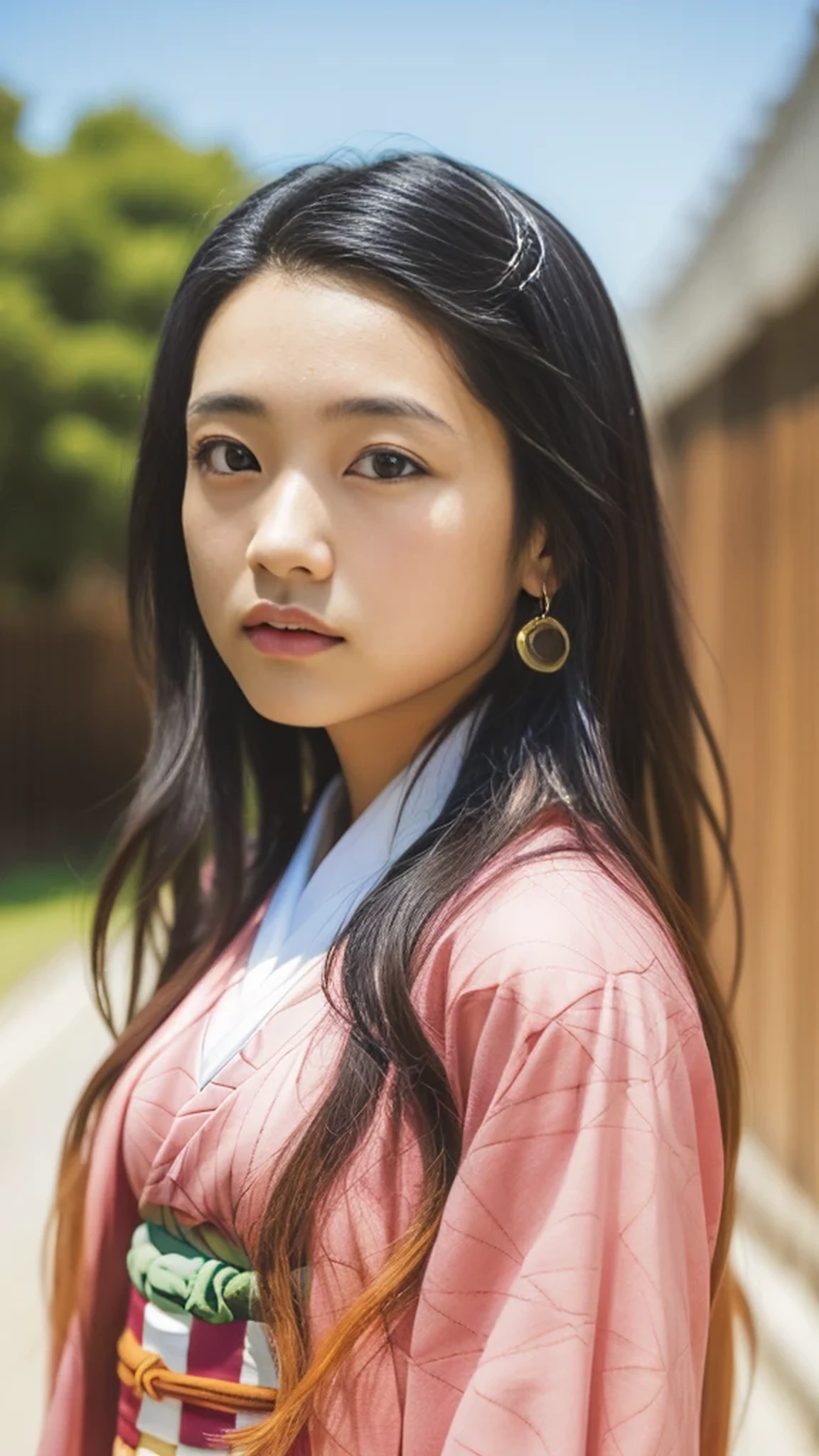 Cute Japanese woman, (), (Very cute face: 1.3), White moist skin, Looking at the camera, Melancholy expression,
BREAK,
Idol,
BREAK,
(Wearing cute kimono: 1.3), (Highly revealing kimono), Very large earrings, Short length,
BREAK,
(Fighting pose: 1.3),
BREAK,
(Long hair), (Pink hair: 1.2), (Wavy hair), (Gradient hair: 1.3), (Red hair at the ends),
BREAK,
(Realistic: 1.3), Masterpiece, Perfect lighting, (Ultra-high resolution), (8K), (Highly detailed: 1.4), (From the front), (Full body: 1.3), (Symmetrical: 1.2),
BREAK,
(Japanese city streets: 1.2),
BREAK,
(Demon Slayer: 1.4),
BREAK,
(Kasumi Arimura: 1.4),
