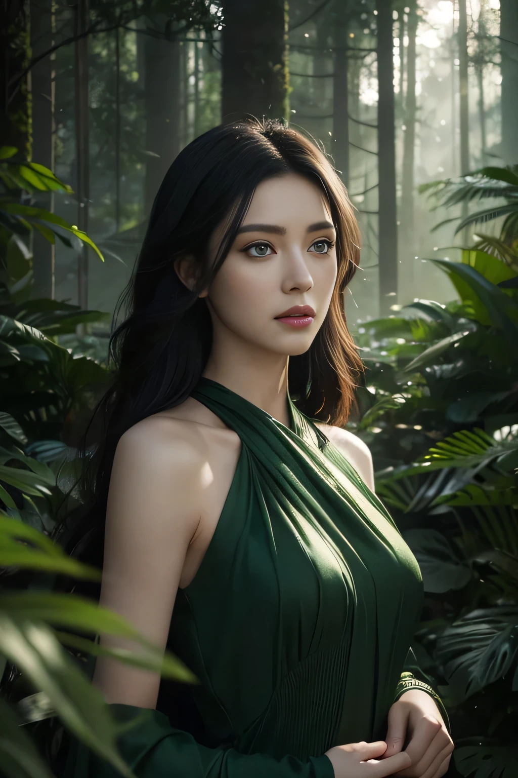 A beautiful woman with stunning green eyes, elegant facial features, and lush black hair, wearing a long, flowing dress in a mysterious, ethereal forest setting, with a hidden society of shapeshifting humans in the background, highly detailed, cinematic lighting, muted color palette, digital art, photorealistic