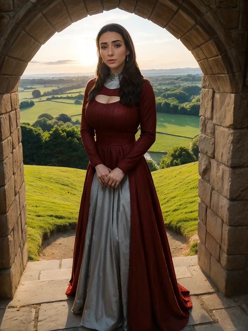 Gorgeous and sultry busty athletic (thin) brunette queen with sharp facial features wearing a modest updo, dark red medieval dress, long sleeves, intricate patterns, scrollwork, wide neck, crown, veil, long dress, modest dress, tight bodice, (silver waist chain), medieval jewelry, Middle Ages, castle, rampart, wall, exterior, on top of a castle wall, trees, countryside, evening, sunset.