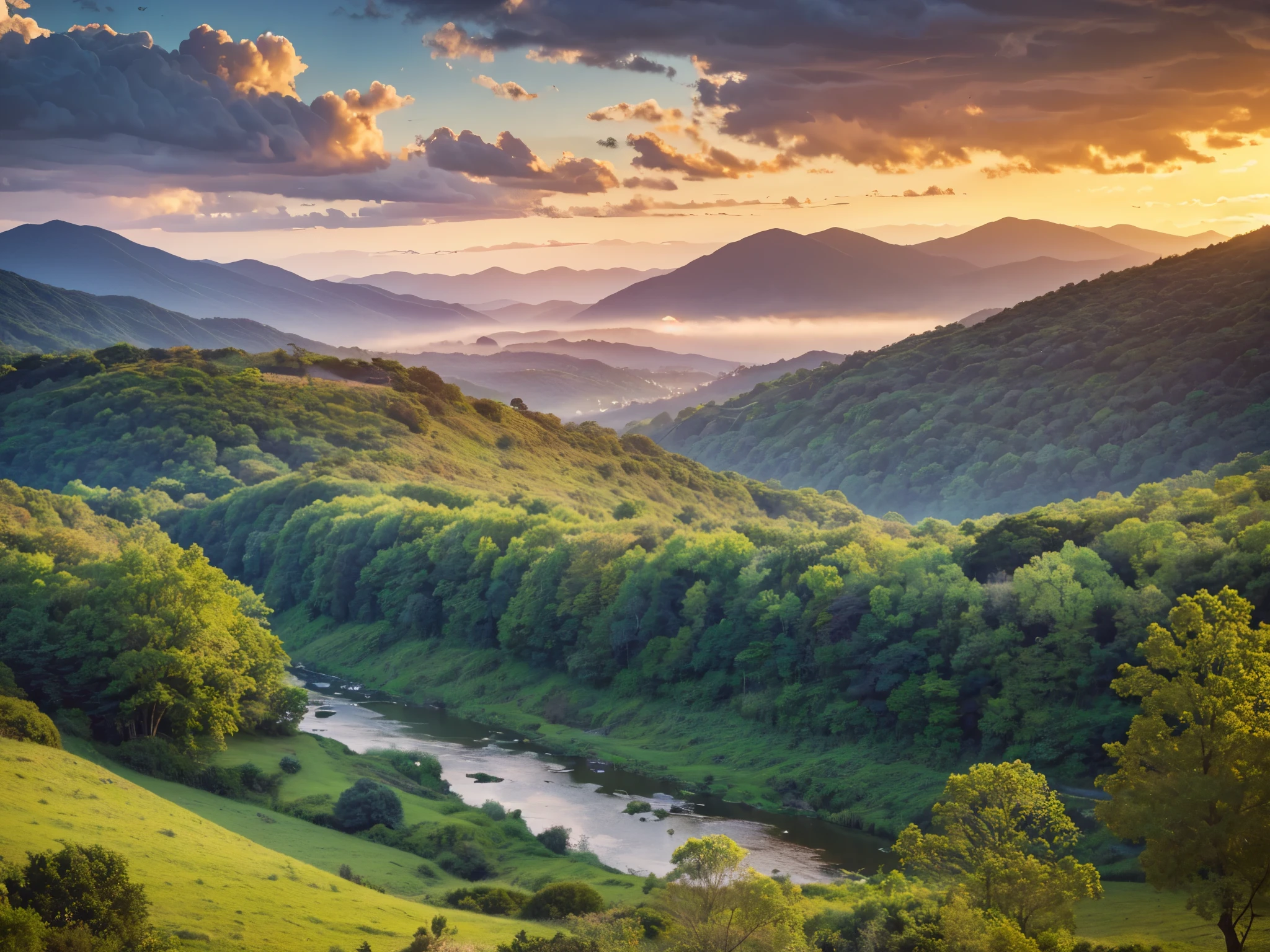 a beautiful scenic landscape, rolling hills, lush forests, winding river, golden sunset, dramatic clouds, serene atmosphere, detailed foliage, peaceful countryside, adventurous exploration, breathtaking vistas, dynamic composition, masterpiece, (best quality, 8k, highres, detailed, photorealistic, vibrant colors, cinematic lighting)