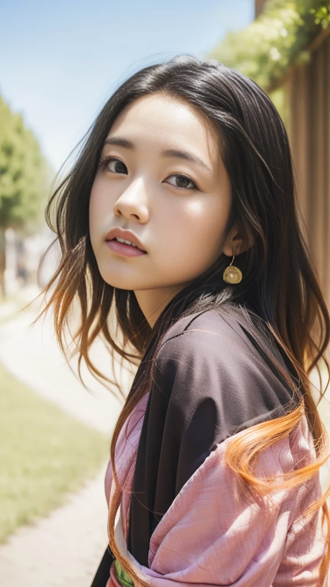Cute Japanese woman, (16 years old), (Very cute face: 1.3), White moist skin, Looking at the camera, Melancholy expression,
BREAK,
Idol,
BREAK,
(Wearing cute kimono: 1.3), (Highly revealing kimono), Very large earrings, Short length,
BREAK,
(Fighting pose: 1.3),
BREAK,
(Long hair), (Pink hair: 1.2), (Wavy hair), (Gradient hair: 1.3), (Red hair at the ends),
BREAK,
(Realistic: 1.3), Masterpiece, Perfect lighting, (Ultra-high resolution), (8K), (Highly detailed: 1.4), (From the front), (Full body: 1.3), (Symmetrical: 1.2),
BREAK,
(Japanese city streets: 1.2),
BREAK,
(Demon Slayer: 1.4),
BREAK,
(Kasumi Arimura: 1.4),