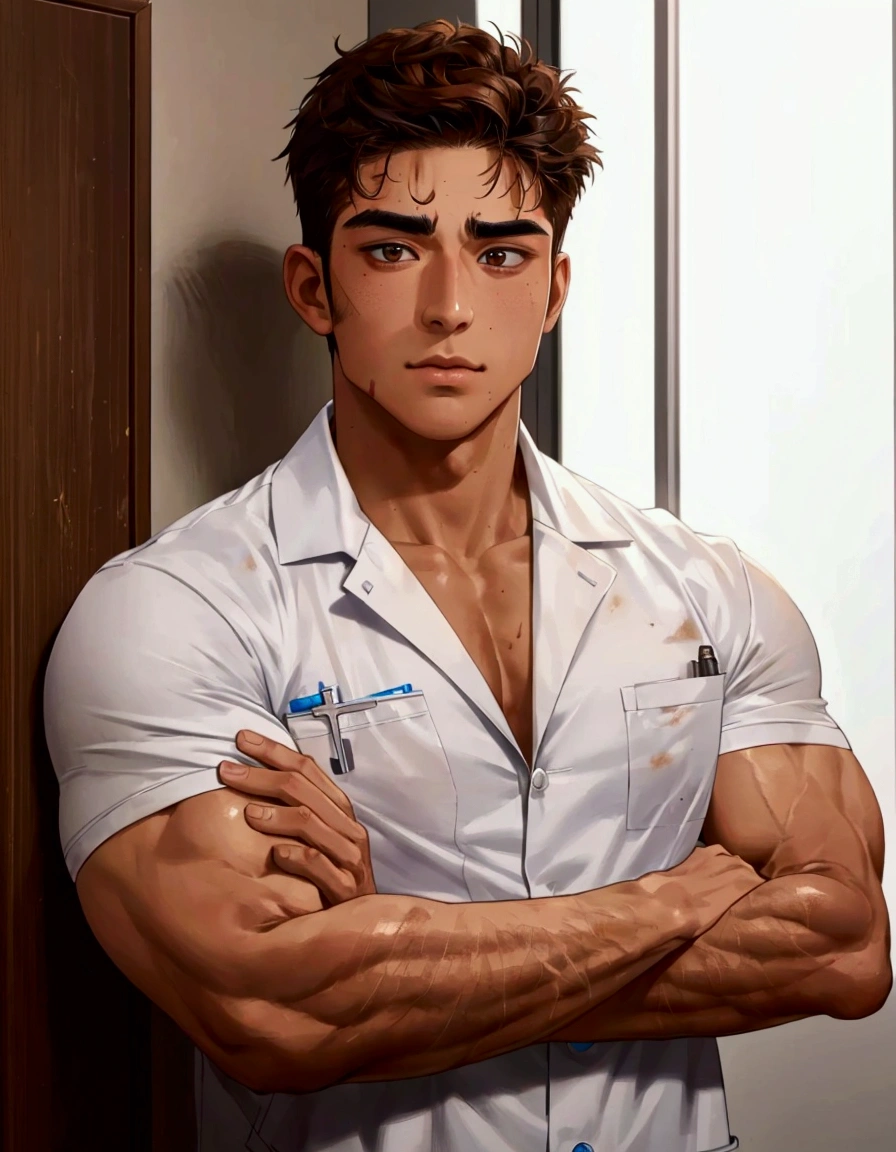 Medium shot,Medicine student,Cross your arms over your chest, cool , masculine,big muscle, 22 year old,tan skin,(messy brown hair),soft facial hair,handsome , in university