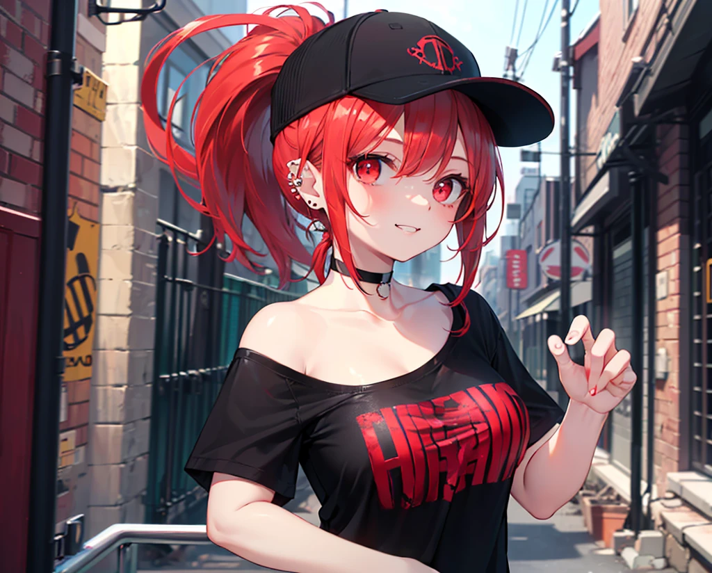 ,Realistic,Highest quality, Ultra Detail, High-quality CG rendering, The most delicate and beautiful, Floating softly, High resolution, (1 girl), (Highest quality,4K,8k,masterpiece:1.2),(All red hair:1.5), (ponytail:1.5),(Red eyes:1.5),(Slightly larger breasts:1.2), (Oversized black short sleeve t-shirt:1.3),(Black skinny jeans:1.3),(Black baseball cap:1.3),In the city,old buildings,Narrow back alley,(Are standing:1.3),smile,(Piercing in left ear:1.3),(Pitch black choker:1.5),