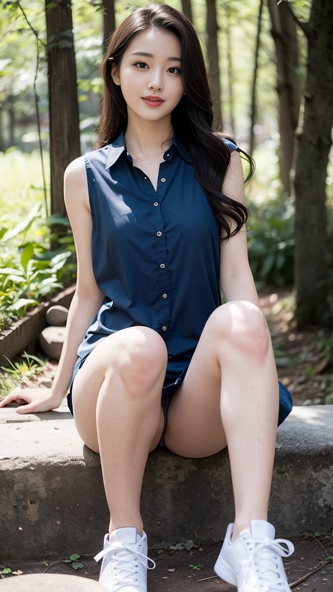 masterpiece, best quality, surreal, Ultra Detailed, 8K resolution, RAW photos, Clear focus, (A girl in the forest), ((navy blue shirt:1.1)), sleeveless, Long flesh-colored sweatpants,Full body posture, Solitary, Perfect body, Become a, Beautiful leg lines，Thin waist and hips，sexly妩媚，Attractive thighs，充满sexly，sexly，32 inches in the chest,(a charming smile:1), (sexy pose)，26 years old, light,White shoes
