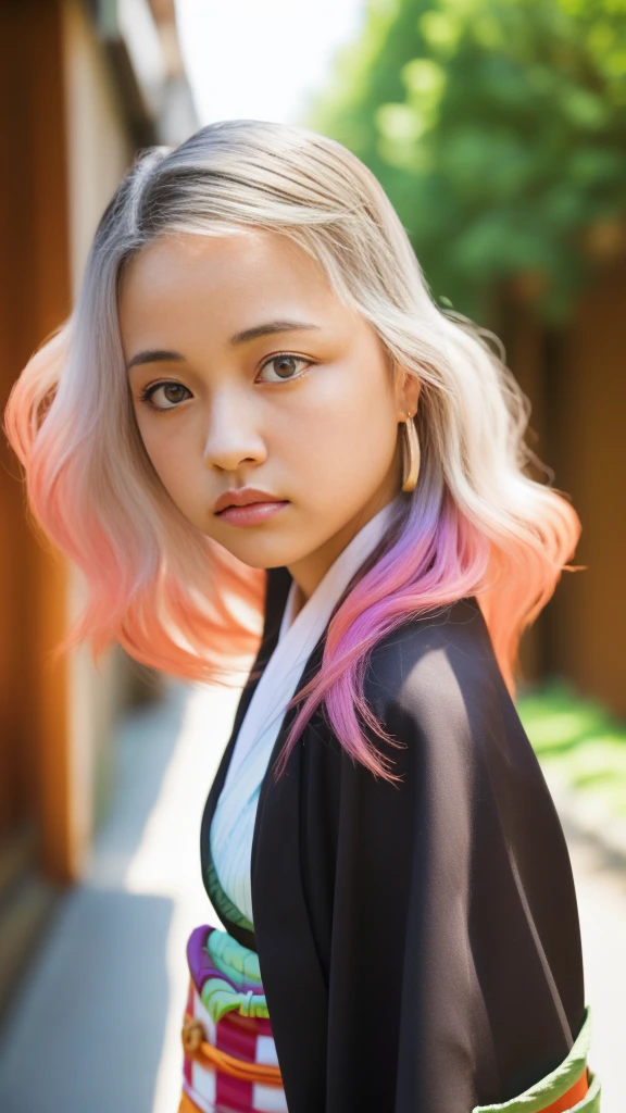 Cute Japanese woman, (16 years old), (Very cute face: 1.3), White moist skin, Looking at the camera, Melancholy expression,
BREAK,
Idol,
BREAK,
(Wearing cute kimono: 1.3), (Highly revealing kimono), Very large earrings, Short length,
BREAK,
(Fighting pose: 1.3),
BREAK,
(Long hair), (Pink hair: 1.2), (Wavy hair), (Gradient hair: 1.3), (Red hair at the ends),
BREAK,
(Realistic: 1.3), Masterpiece, Perfect lighting, (Ultra-high resolution), (8K), (Highly detailed: 1.4), (From the front), (Full body: 1.3), (Symmetrical: 1.2),
BREAK,
(Japanese city streets: 1.2),
BREAK,
(Demon Slayer: 1.4),
BREAK,
(Kasumi Arimura: 1.4),