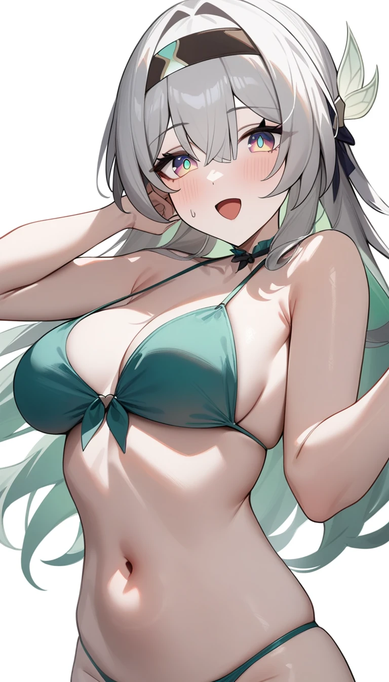 masterpiece,best quality,very aesthetic,absurdres,1girl, solo, black_hairband, bikini, :d, firefly_\(honkai:_star_rail\), looking_at_viewer,white background