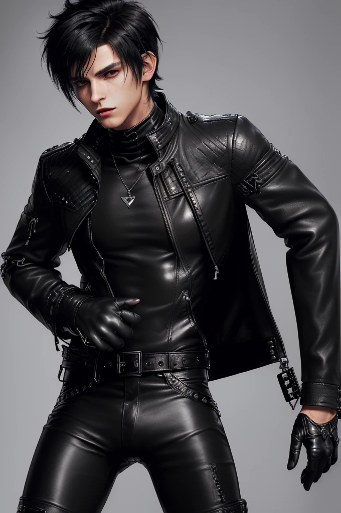 Final fantasy taste and reality graphics, ((Japanese young cute and cool ikemen boy)), his age is early 20s, thin eyebrows and beady eyes, ((he wearing black color leather thick and heavy material jacket)), ((jacket is singlebrest)), ((biker style jacket)), ((jacket is large size)),((with epaulet)), ((jacket is long sleeve)), ((zipped front of the leather jacket)), , ((voluminous leather jacket)), ,((must jacket is high length and stand-up collar)) ((jacket collar with two belts)), ((jacket is a little black color line pattern)), ((also wearing black thick material turtleneck lackluster shirts)), ((tight black leather pants)), ((put black leather tight and thin glove on both hands)), ((black leather knee-high raceup boots)),((must views head-to-toe)),((must views whole body)), ,((Do not show skin from the neck down)),leather jacket leather glove and leather pants have few wrinkles, Avoid showing your innerwear,zip up jacket fastner.must put on a leather glove.
Bous face is expression of ecstasy.
Boy is black hair.boy looks like fashion model.