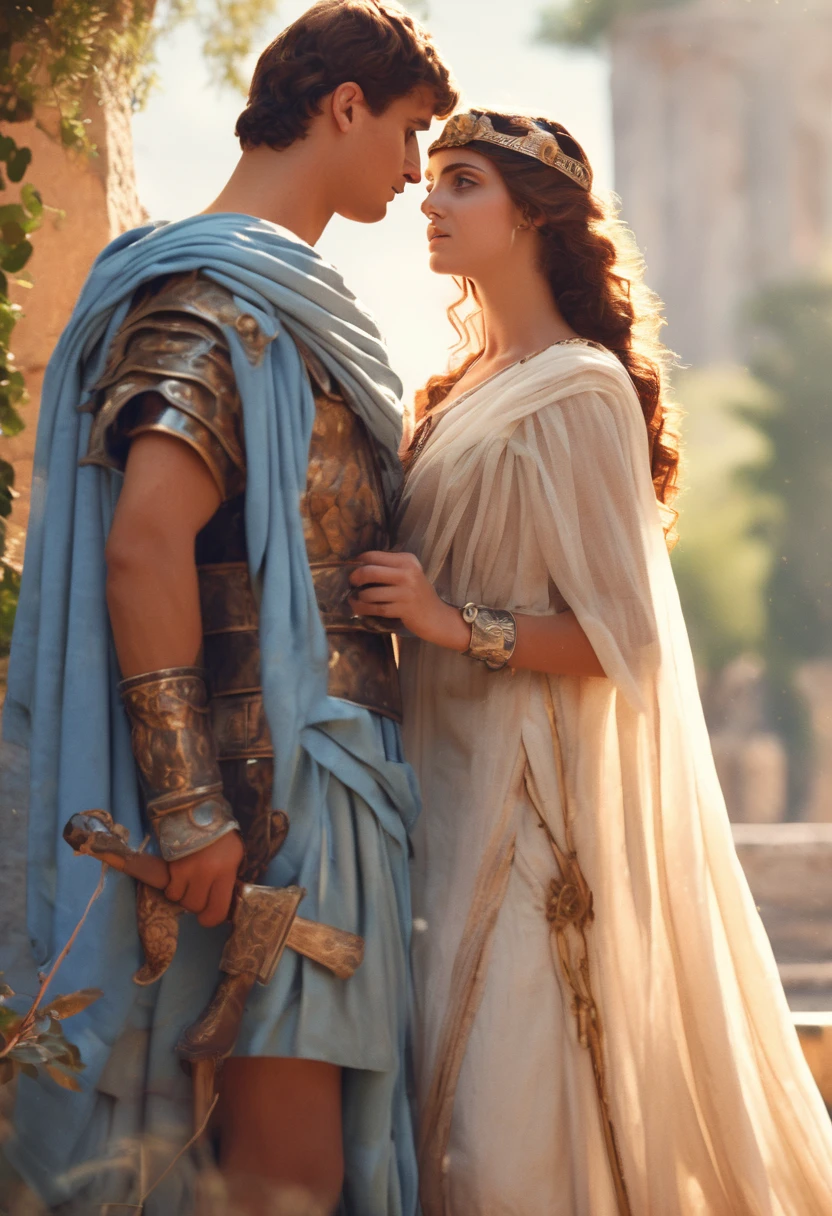 79 AD period Flavian period young beautiful very exotic Latin Mediterranean Italian Roman woman in feminine traditional Roman attire and aith a young Roman soldier in full Roman military attire and gearMasterpiece,quality,4k,Show a young 20 something couples in ancient Italy Latin Rome Italy males and females in detail,Bokeh/ with pastel shades tones colors ancient greek patterns designs Latin Roman Italy inn ancienr classic Roman Gardens