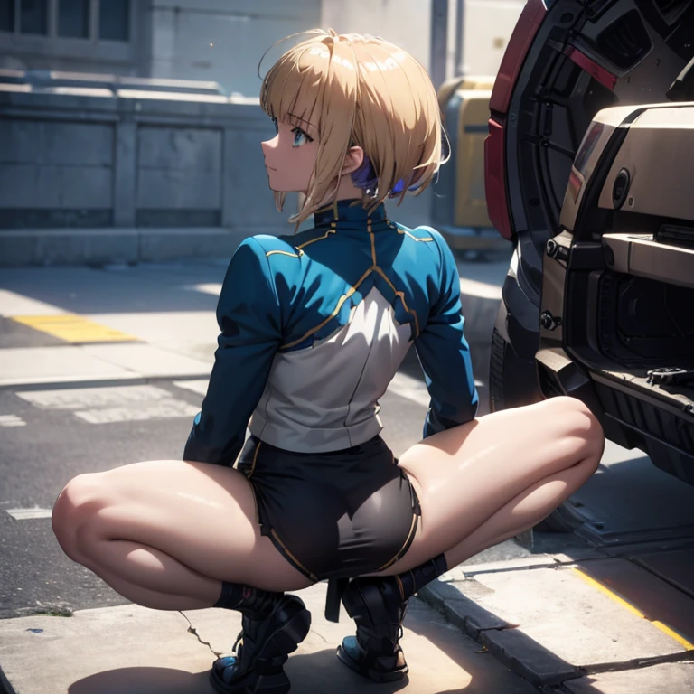 ((Highest quality)), ((masterpiece)), (detailed:1.4), 3d, Perfect Anatomy, detailedな筋肉のリアルなmasterpieceを持つカメラを見ている美しいサイバネティックガール, Beautiful cyberpunk woman image,High resolution (High Dynamic Range),Ray Tracing,NVIDIA,Super Resolution,Unreal 5,Scattered beneath the surface,PBR Texturing,Post-processing,Anisotropic Filtering,Depth of written boundary,Maximum clarity and sharpness,Multilayer Texture,Albedo and Specular Maps,Surface Shading,Accurate simulation of light-matter interactions,Perfect Proportions,Octane Rendering,Two-tone lighting,wide aperture,Low ISO,White balance,Three-part method,8K RAW, Stretch your toes, Gold Parts, fringe, Short-haired, Back view, coastal,(A faint smile),(From the back),(squat:1.3),(Spread your legs:1.3),masterpiece,8k,Silicone Skin,