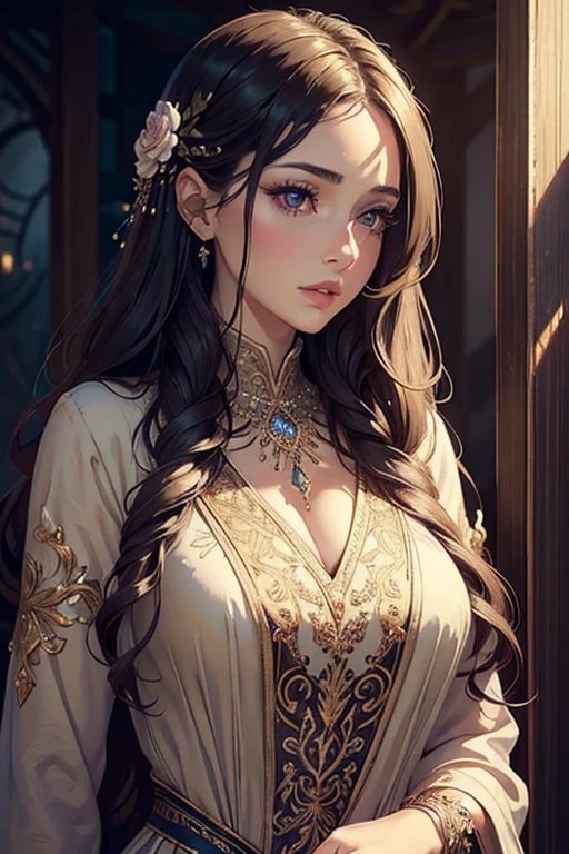 a beautiful woman, beautiful detailed eyes, beautiful detailed lips, extremely detailed face and portrait, long eyelashes, attractive outfit, intricate dress design, flowing hair, serene expression, natural lighting, warm color palette, cinematic composition, highly detailed, photorealistic, masterpiece, digital art