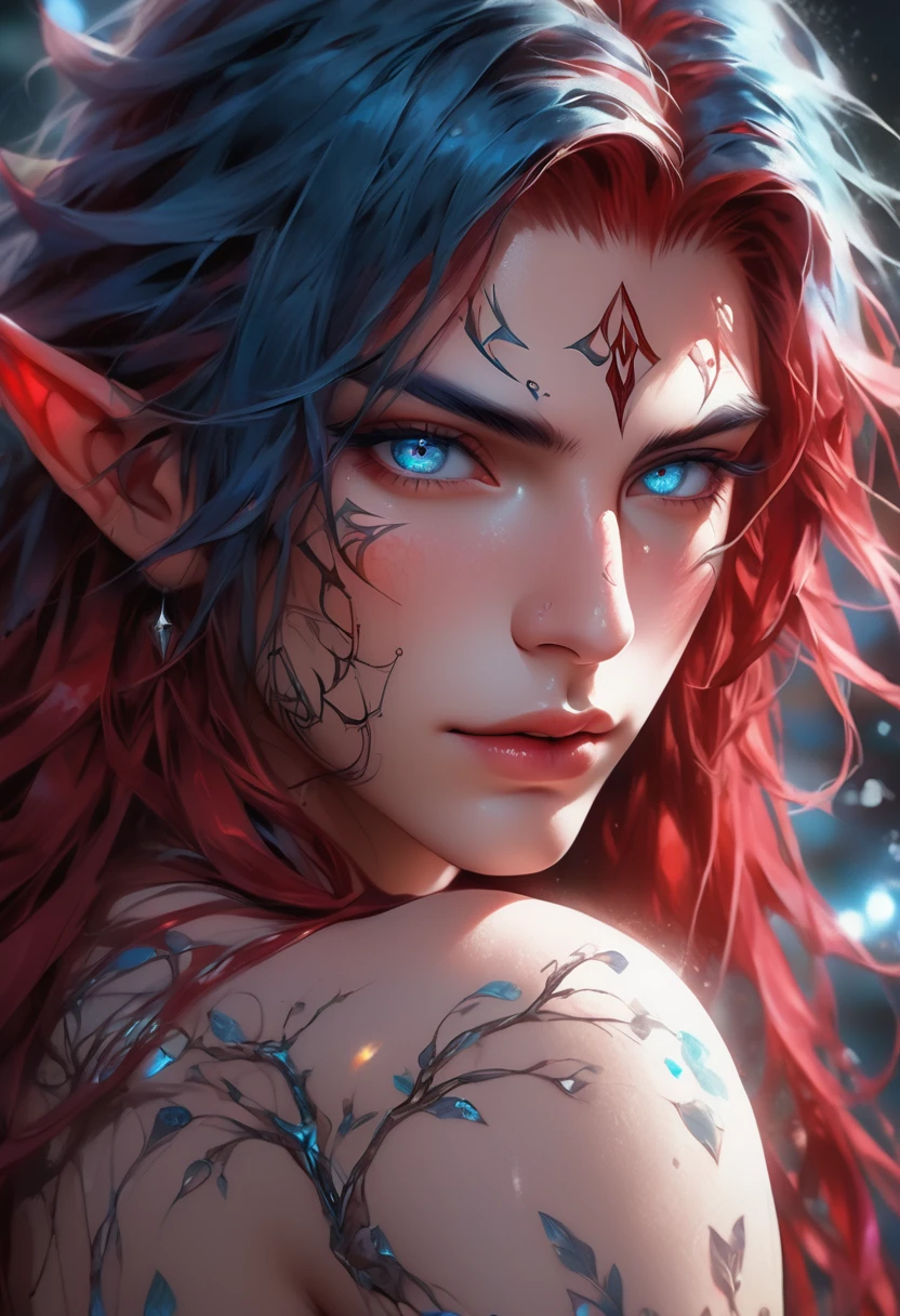 full far away view of a ethereal demonic 25 year old anime guy male druid, with metallic foil print blood red long hair, moist wet glistening lips, delicate masterpieceintimate delicate etched glowing rune tattoos, winking, beautiful gorgeous elf ((male)) kissyface, perfect face, blue/black pastel eyes, long red wisp hair, freckles, piercings, foil print neonbody art, laboratory experiment, perfect anatomy, centered, almost perfect, dynamic, very detailed, glowing, artstation, concept art, soft and sharp focus, art by Carne Griffiths and Wadim Kashin, high-definition accent lighting, epic, elven atmosphere, contrasted with vibrant paint colors., futuristic cyborg in the year 2950,
