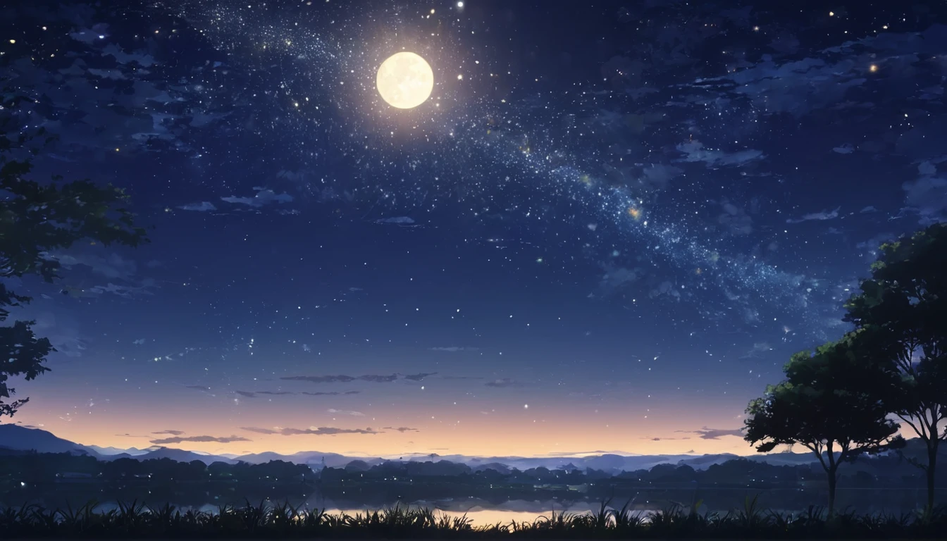 summer night,Dark Light,Starry Sky,Dark Light,Nobody,Anime Style,high quality,bright,river,wood々