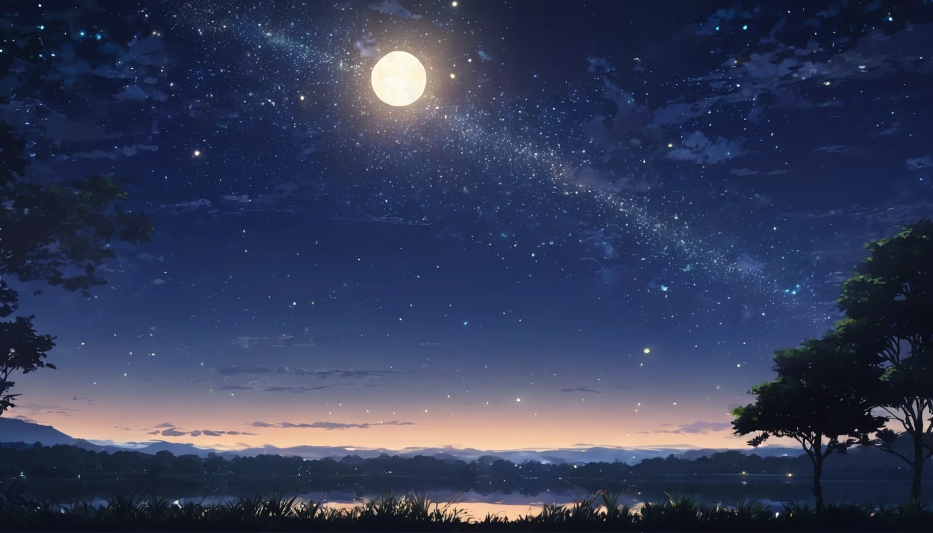 summer night,Dark Light,Starry Sky,Dark Light,Nobody,Anime Style,high quality,bright,river,wood々