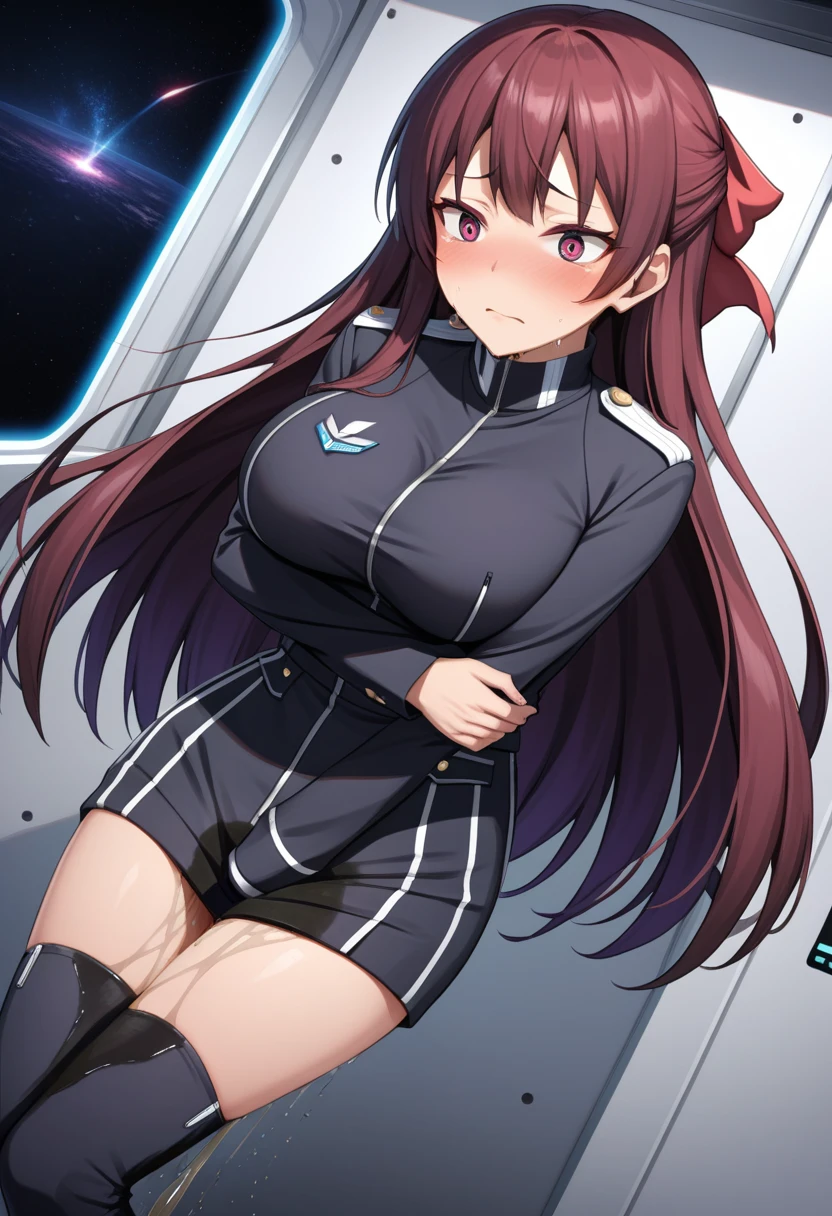 (high quality,Very detailed:1.37, High resolution), Woman, (mature:2.0), (Sakaki Yumiko:2.0), (very long hair:1.5), (purple hair:1.5), purple eyes, large breasts, military uniform, pants, (wetting herself:1.5), standing, (arms crossed:1.5), (embarrassed:1.5), (humiliation:1.5), (constricted pupils:1.5), (sweating:1.5), shaking, (trembling:1.5), (blushing:1.5), Meticulous details, (extremely detailed eys:1.37), space station, interior, science fiction, futuristic