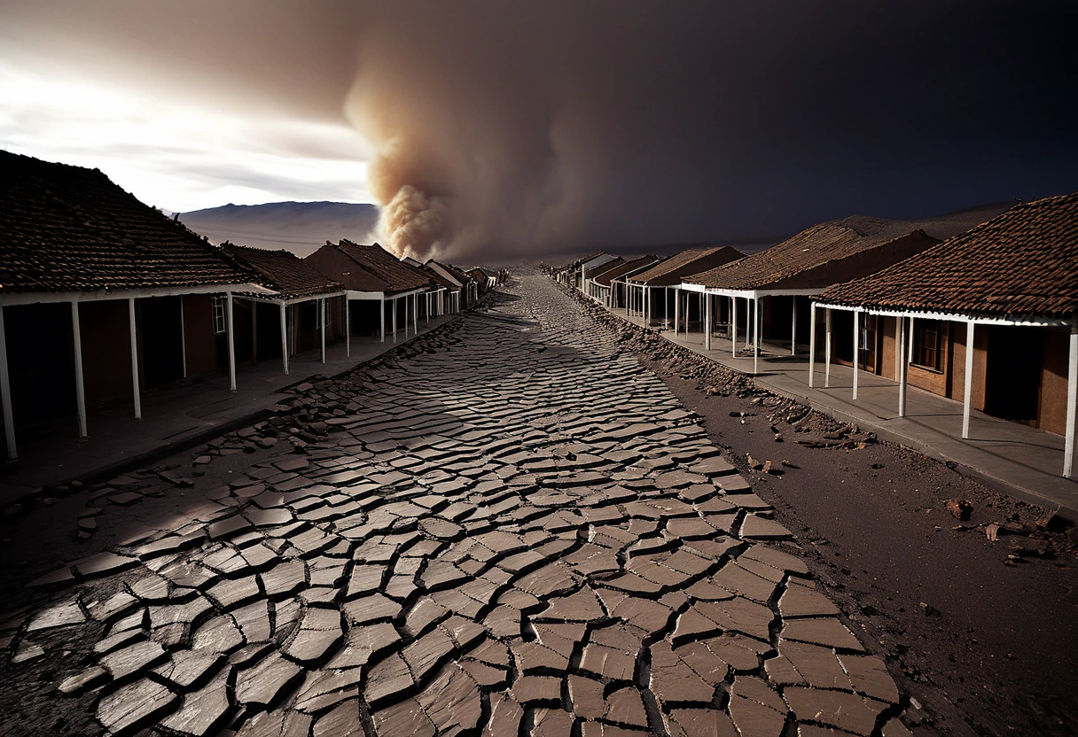 whoa, Dramatic image depicts a frightening earthquake scenario. The scene shows houses and buildings shaken due to the strong tremor in Atacama, Chile. People on the cracked street with cracks and dust raised due to the strong movement of buildings. The darkened sky makes the scenario threatening and critical.