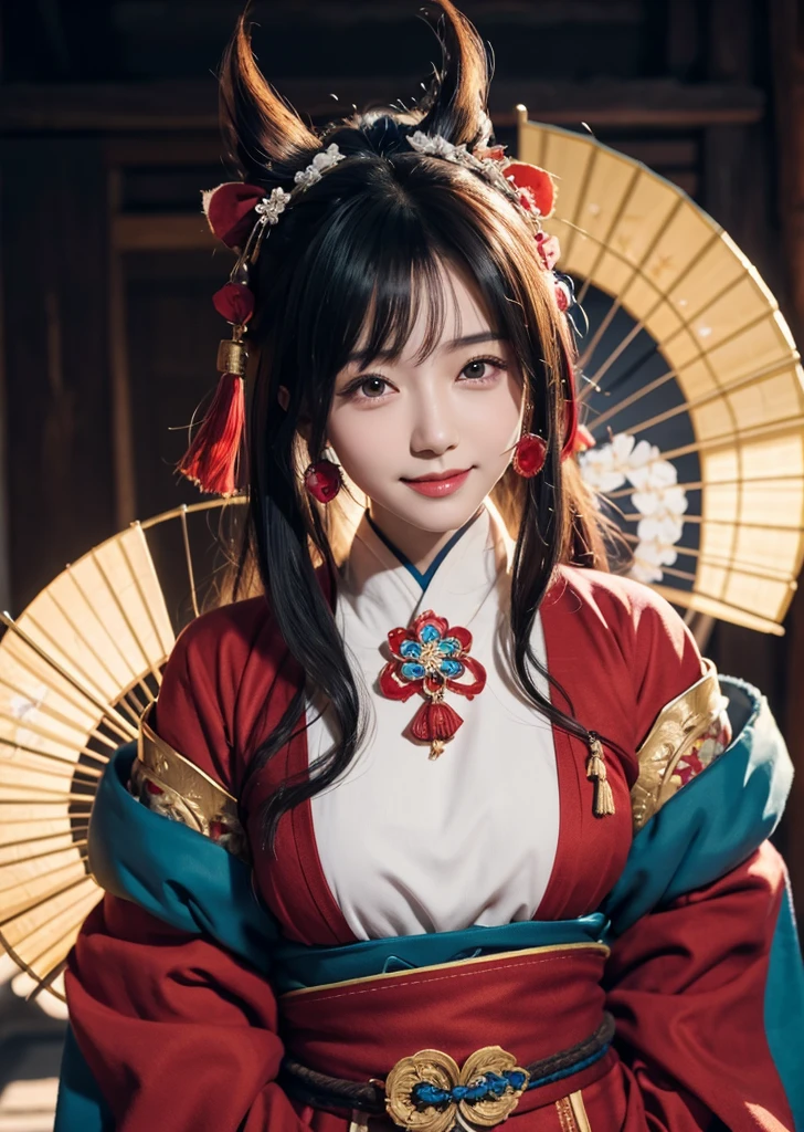 Diffuse lighting、 Highest quality, High resolution, unity 8k wallpaper、Supersaturation, Colorful, 8k解像度, 1 female、Japanese、23 years old、Close-up portrait、Kyoto cityscape、Wearing red underwear,With an invincible smile、Woman with a Fan, onmyoji, onmyoji detailed art, onmyoji portrait, 4K, 8k, Vibrant, Splash Art , Onmyoji、Spirit medium、